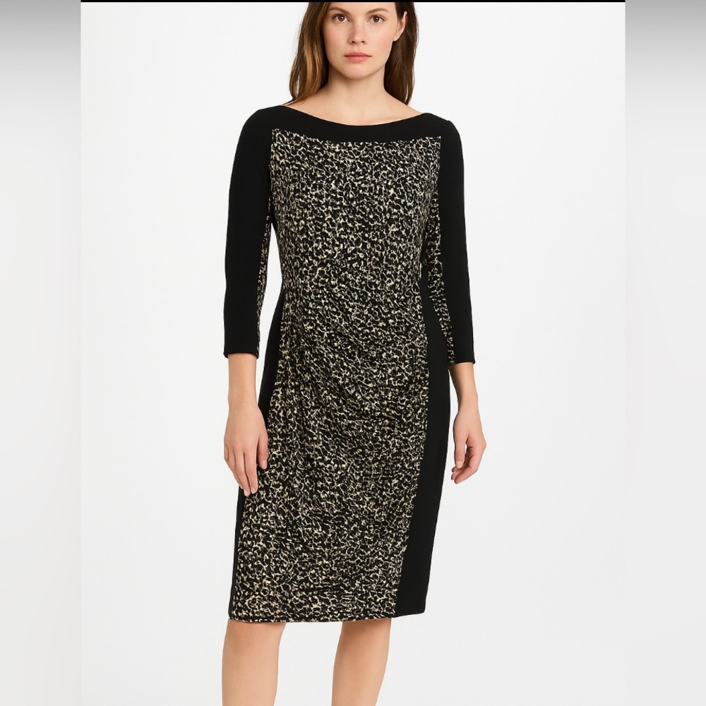 Lauren Ralph Lauren Women's 6 Brown Black Animal Print Ruched Sheath Midi Dress